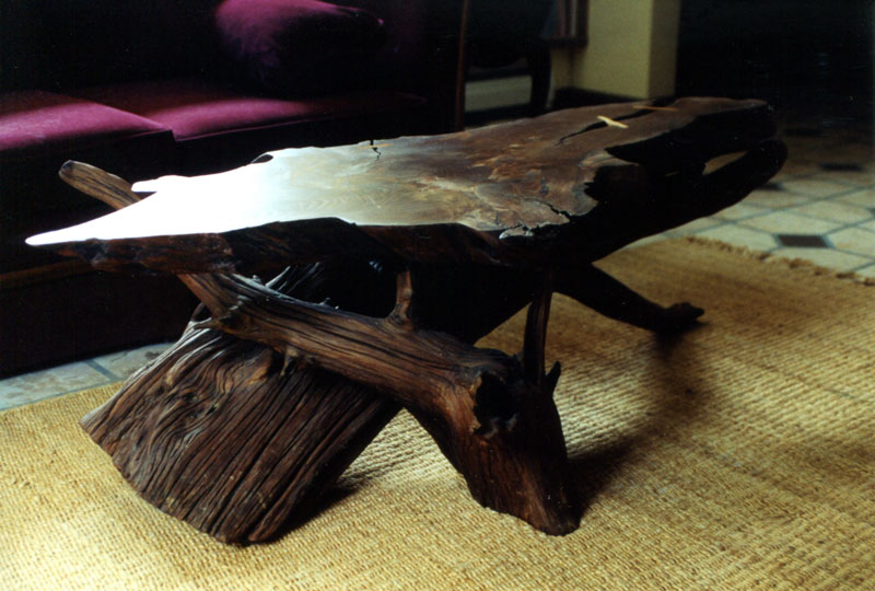 This coffee table is entirely custom, built out of a very old tree from the property.